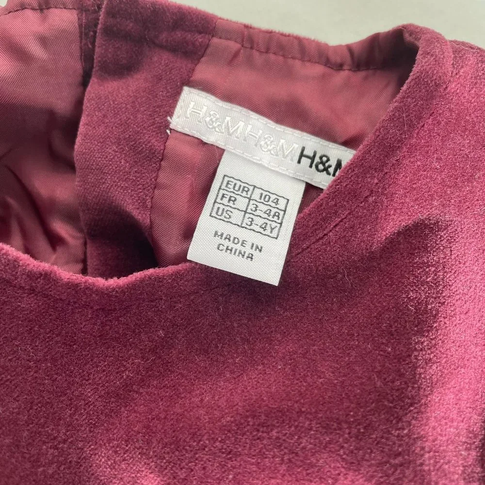 H&M Girls Short Sleeve Button Up Dress Burgundy Velvet Size 3-4Y